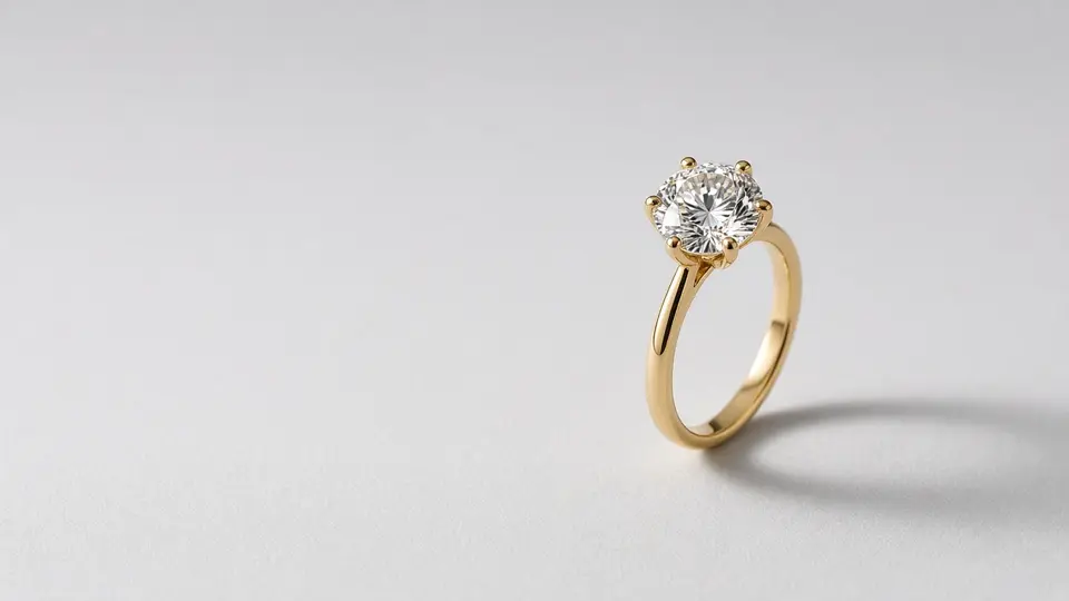 Anillo solitario de oro con una piedra alta, sobre fondo gris claro, imagen ilustrativa